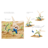 Oh, Carrots! inside page showing Mr. Rabbit pulling a stubborn carrot seedling from the garden until his boot flies off.