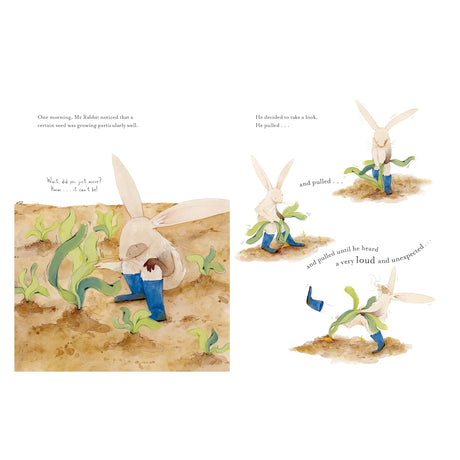 Oh, Carrots! inside page showing Mr. Rabbit pulling a stubborn carrot seedling from the garden until his boot flies off.