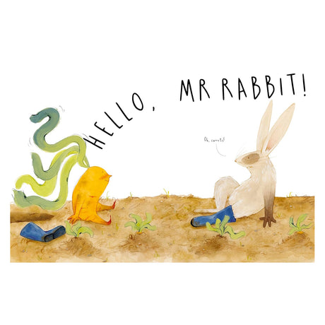 Oh, Carrots! inside page showing a cheerful carrot character greeting a surprised Mr. Rabbit in the garden.