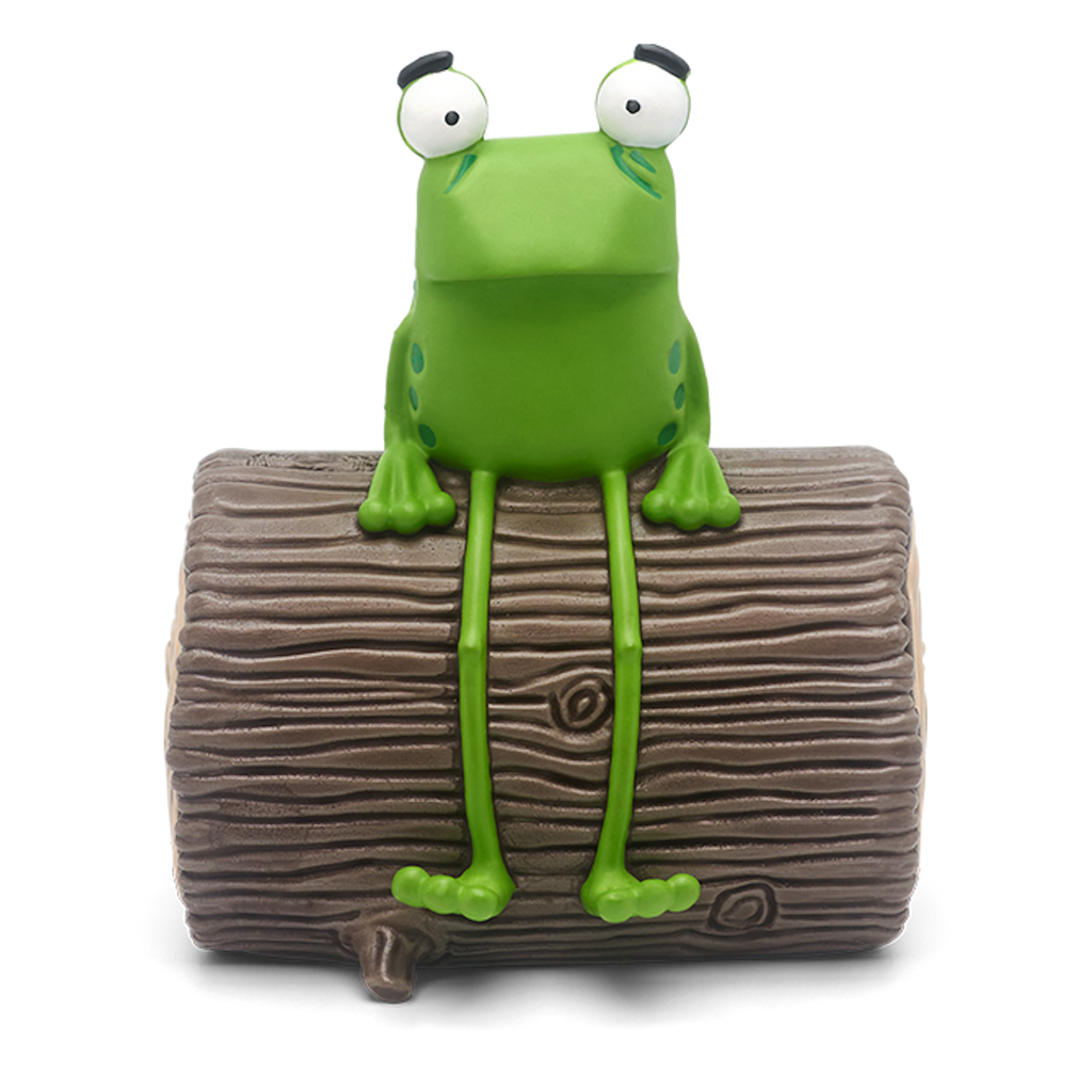 A playful green frog figurine with large eyes, sitting on a textured brown log against a white background.