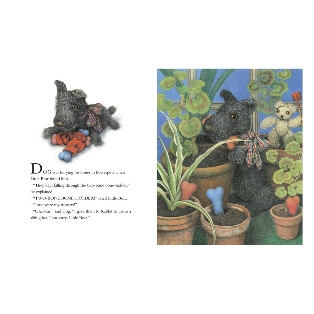 Illustrated children's book page showing a toy dog burying bone-shaped items in flowerpots.