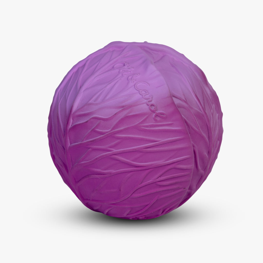 A vibrant purple ball resembling a cabbage, with textured lines mimicking leaves. The surface includes subtle lettering, creating a playful and whimsical tone.