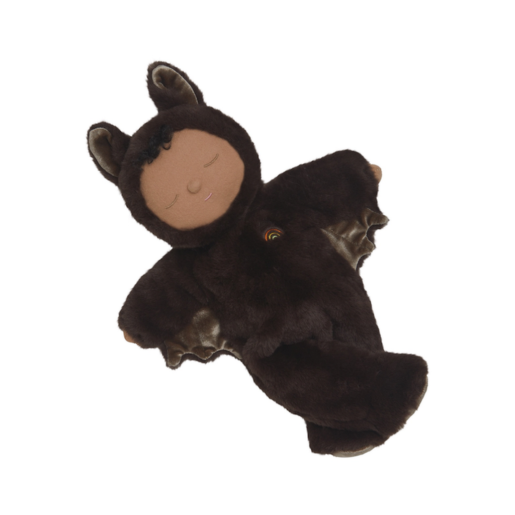 Plush doll in a cozy bat costume with closed eyes, smiling. The dark brown suit has bat wings and ears, conveying a calm, playful tone.