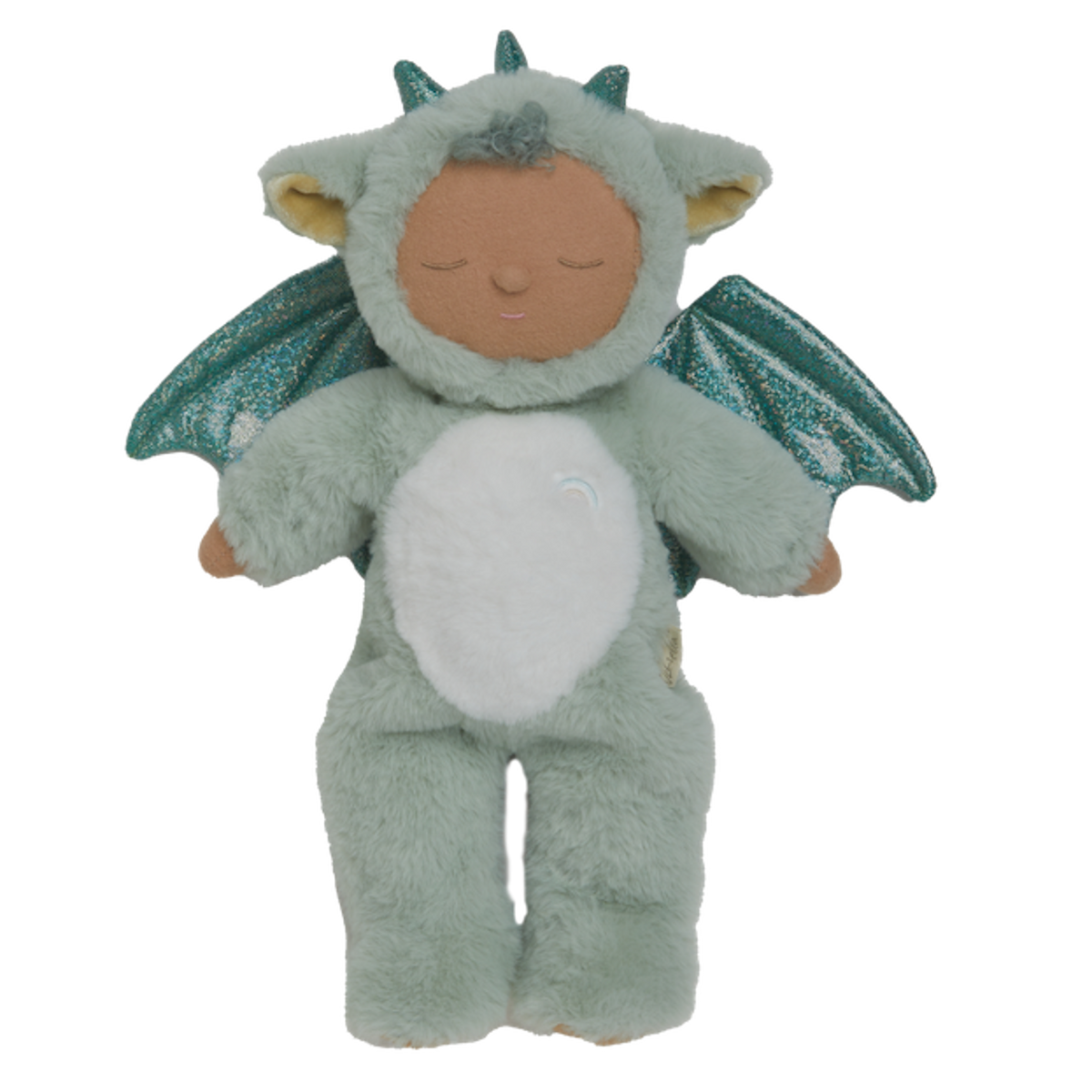 Plush baby doll in a green dragon onesie with sparkly wings and horns. The doll's eyes are closed, and it conveys a peaceful, sleepy expression.