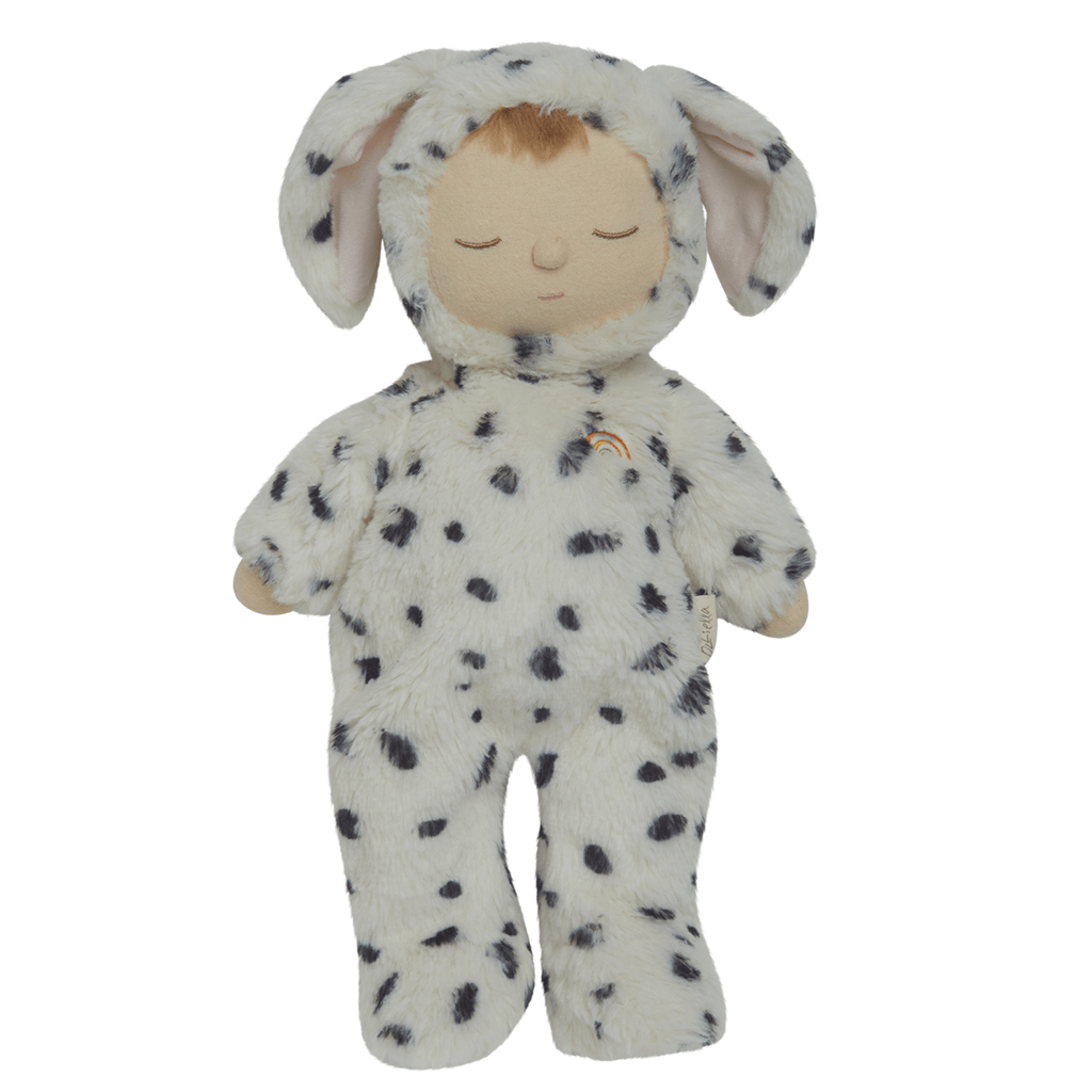 Cute plush doll wearing a soft, white Dalmatian costume with black spots and floppy ears. The doll has closed eyes.