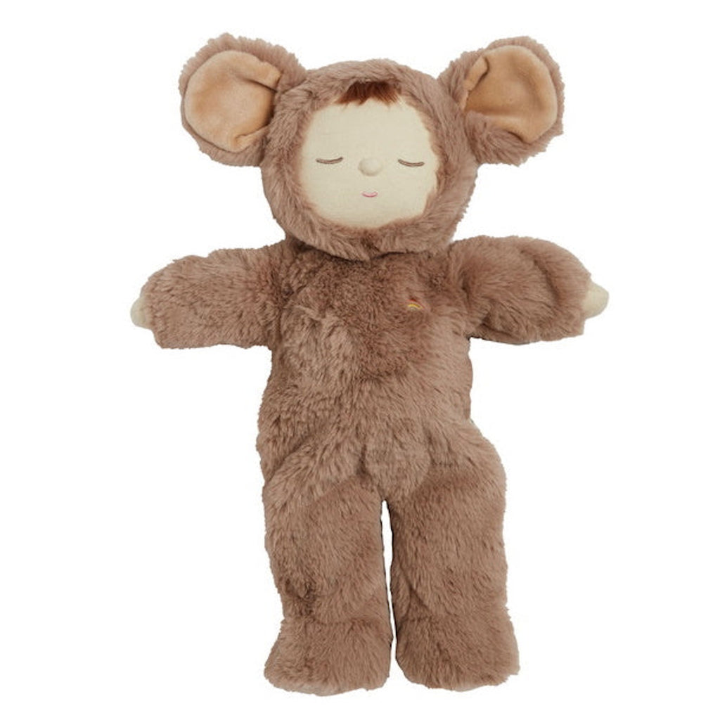 A plush toy dressed in a soft, brown mouse suit with large ears. The toy's serene expression and closed eyes convey a sense of calm.
