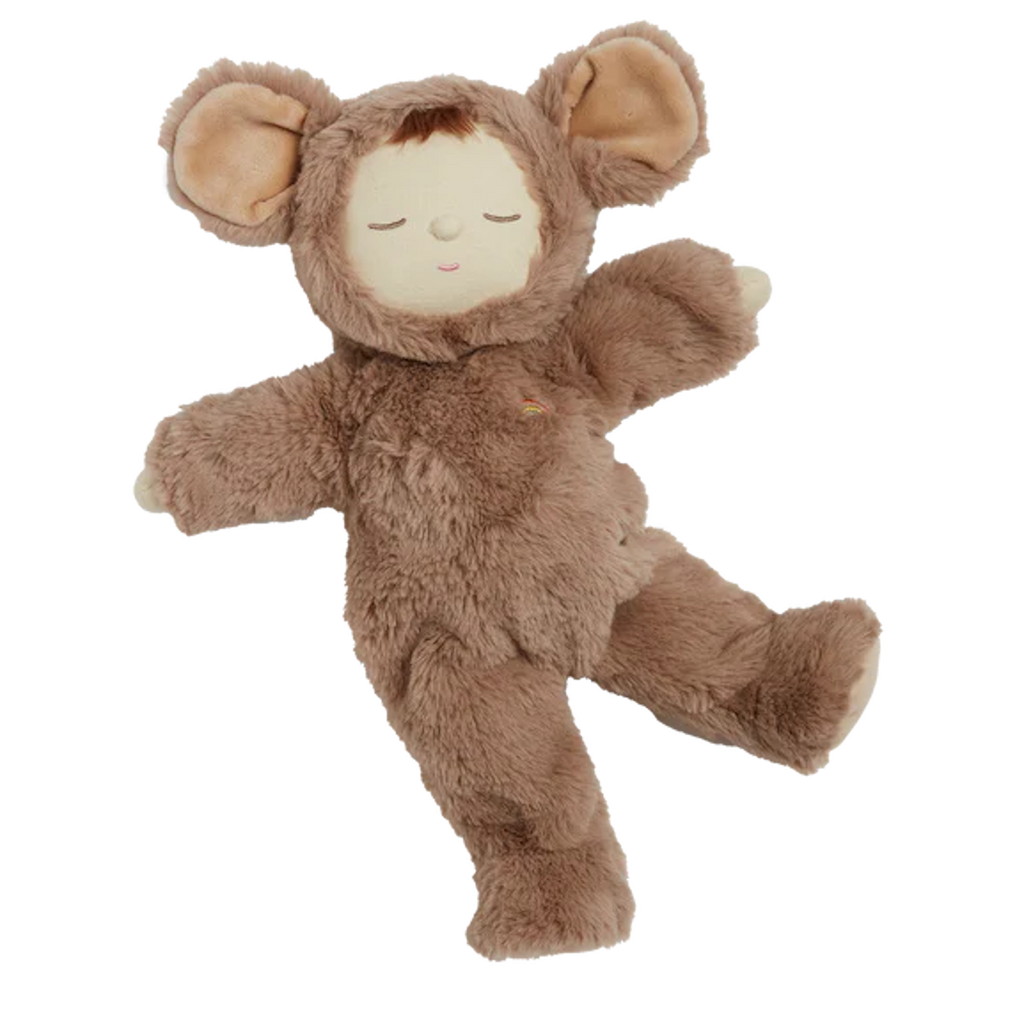 A plush toy dressed in a soft, brown mouse suit with large ears. The toy's serene expression and closed eyes convey a sense of calm.