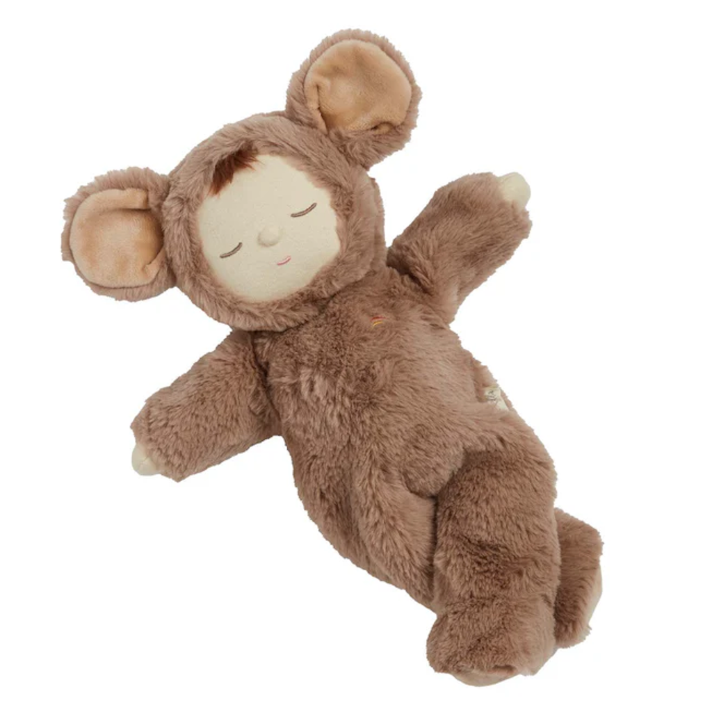 A plush toy dressed in a soft, brown mouse suit with large ears. The toy's serene expression and closed eyes convey a sense of calm.
