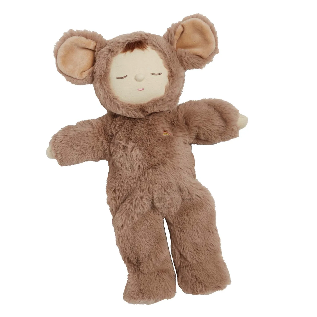 A plush toy dressed in a soft, brown mouse suit with large ears. The toy's serene expression and closed eyes convey a sense of calm.