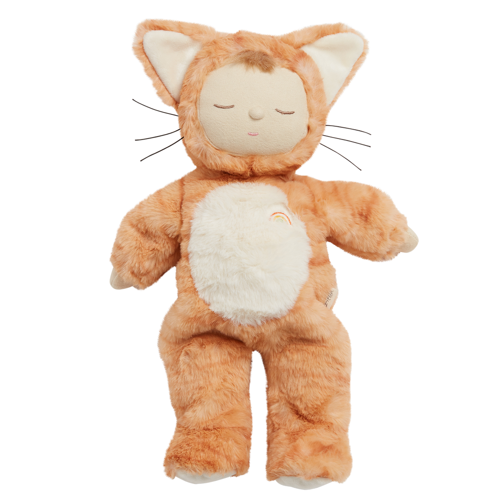 A plush toy depicting a sleeping soft orange cat with ears and a white belly, featuring a small rainbow detail, set against a white background.