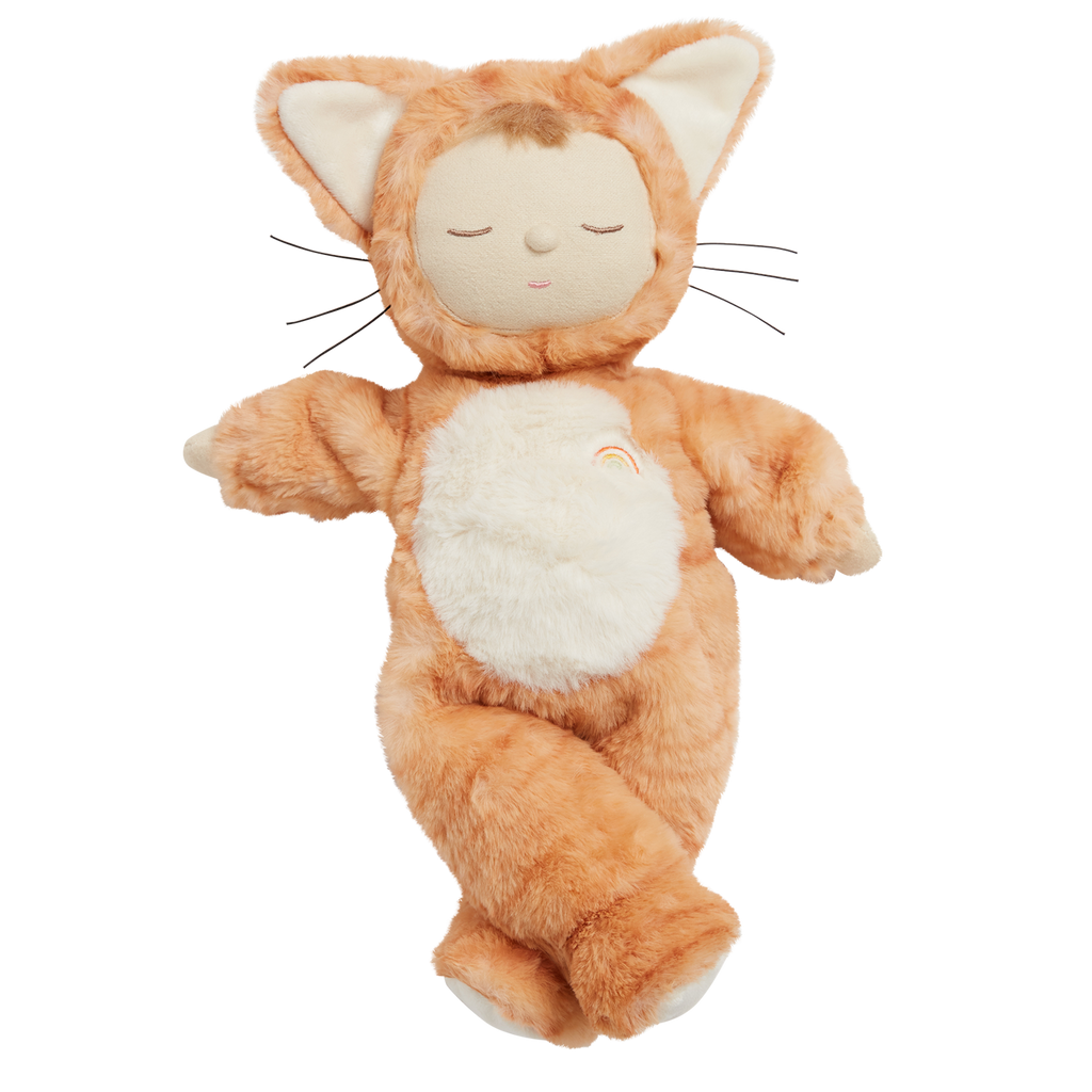 A plush toy depicting a sleeping soft orange cat with ears and a white belly, featuring a small rainbow detail, set against a white background.