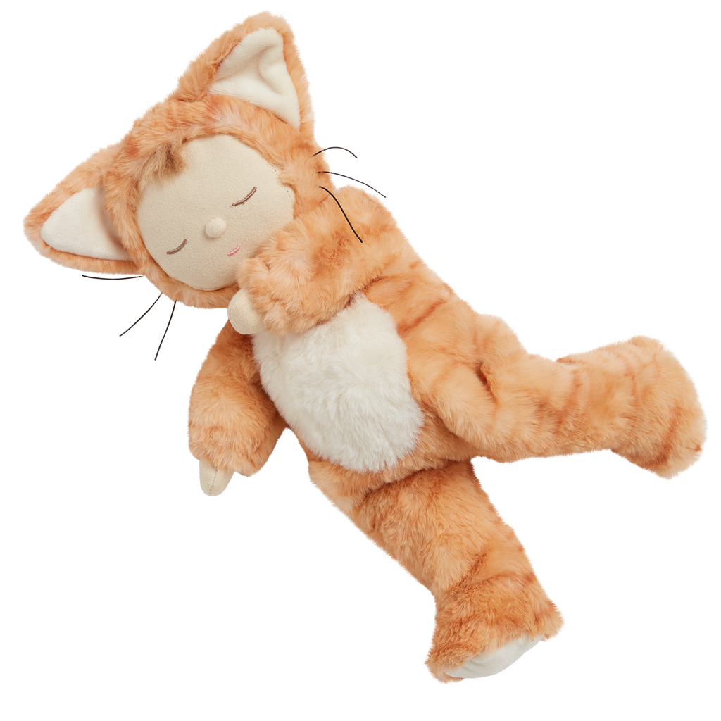 A plush toy depicting a sleeping soft orange cat with ears and a white belly, featuring a small rainbow detail, set against a white background.
