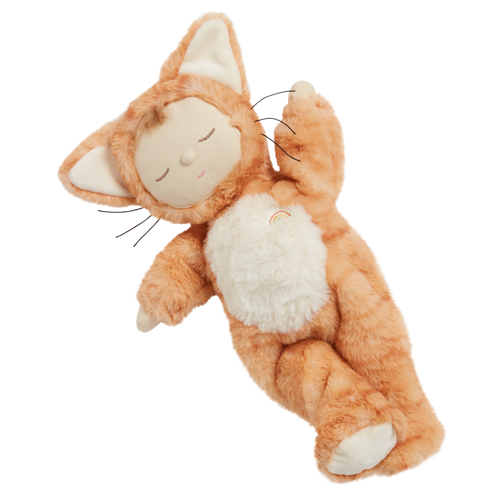 A plush toy depicting a sleeping soft orange cat with ears and a white belly, featuring a small rainbow detail, set against a white background.