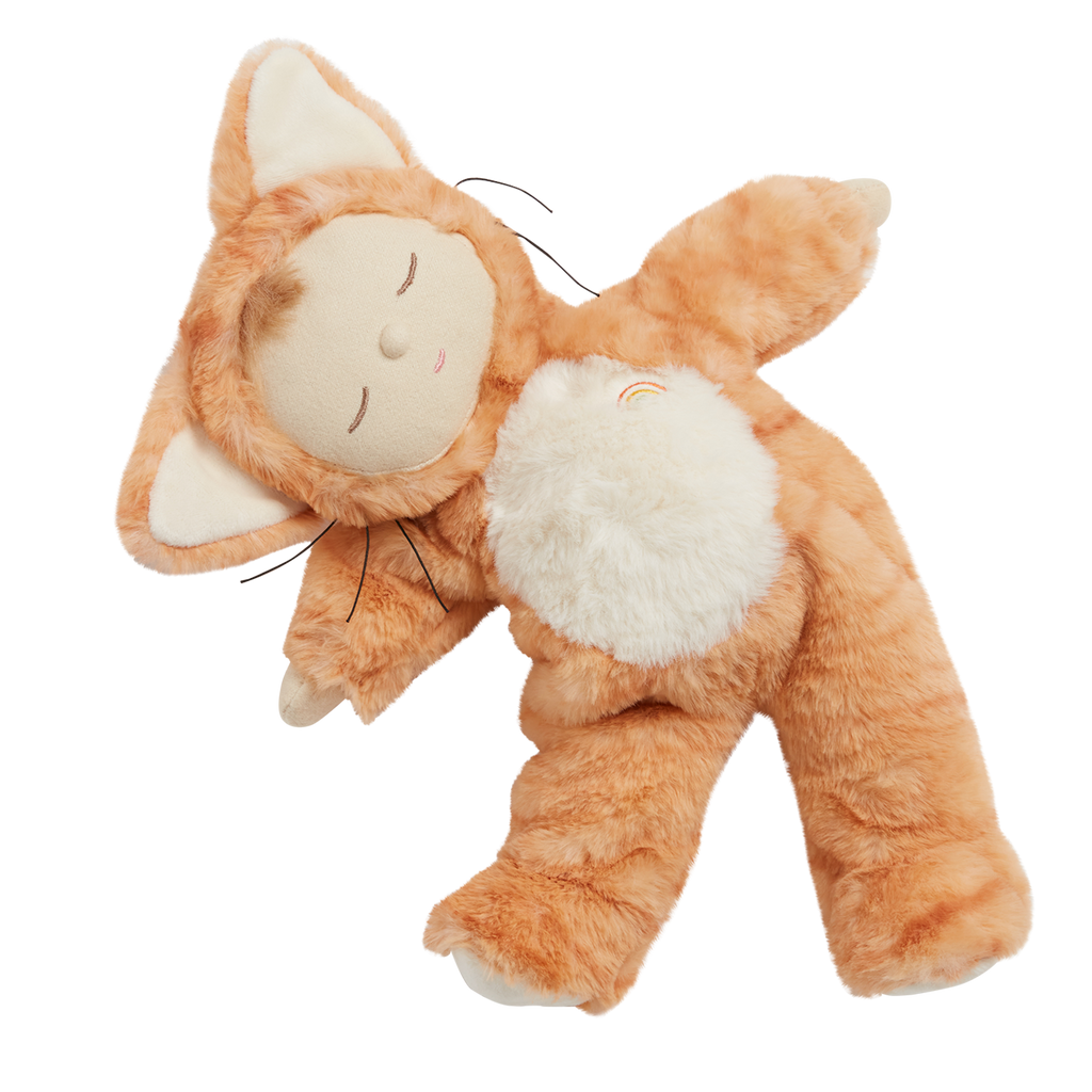A plush toy depicting a sleeping soft orange cat with ears and a white belly, featuring a small rainbow detail, set against a white background.