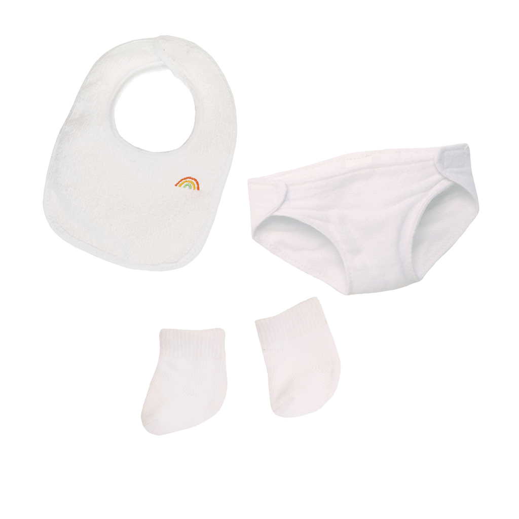 White baby bib with a small rainbow, underwear, and socks on a white background. Clean and minimal design with a sense of purity and simplicity.