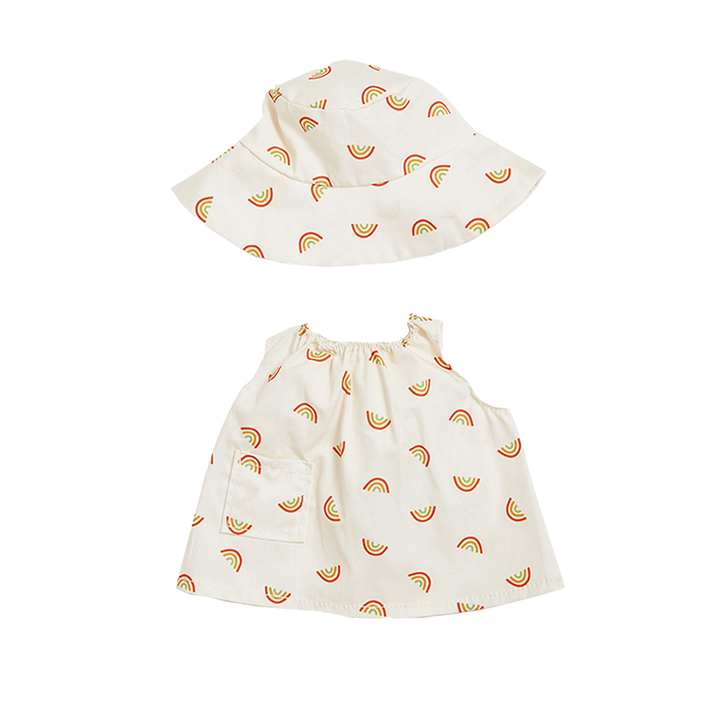 White doll dress and matching hat with colorful rainbow prints, set against a white background. The playful design conveys a cheerful mood.