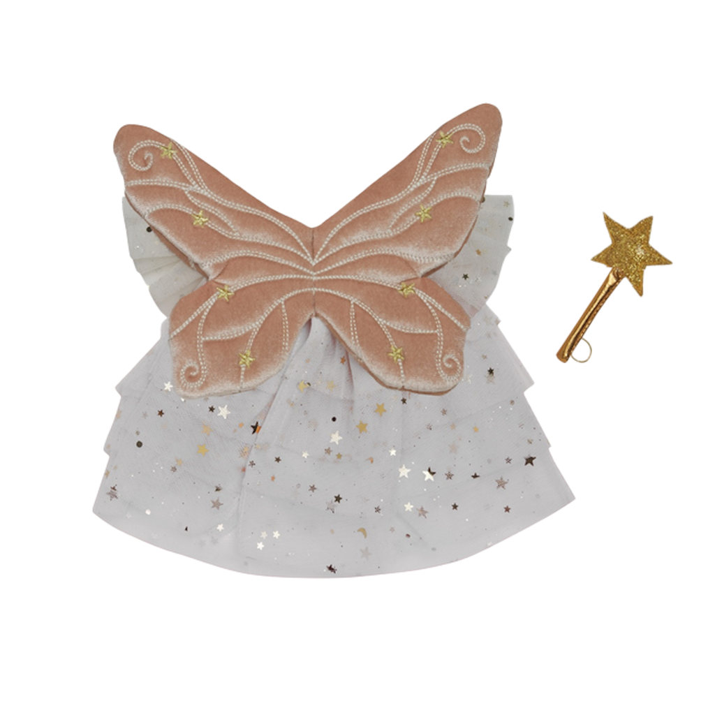 A fairy costume set with dusty pink butterfly wings featuring gold embroidery, a white, starry tutu, and a gold glittery star wand, on a white background.