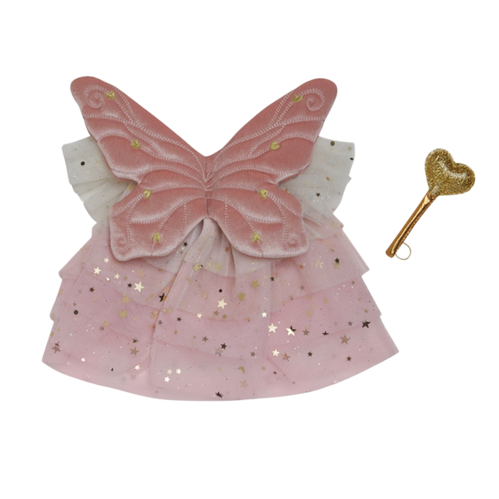Pink butterfly wings and a layered skirt with gold star details on a white background, paired with a glittery gold heart wand. Enchanting and whimsical.
