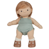 A plush doll with light brown hair wears a knitted light teal romper and brown shoes with white socks. The expression is neutral, set against a white background.