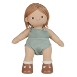 A plush doll with light brown hair wears a knitted light teal romper and brown shoes with white socks. The expression is neutral, set against a white background.