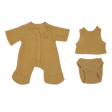 Yellow knitted doll outfit set on white background. Includes a one-piece suit with rainbow detail, a sleeveless top, and matching diaper cover. Cozy and cheerful.