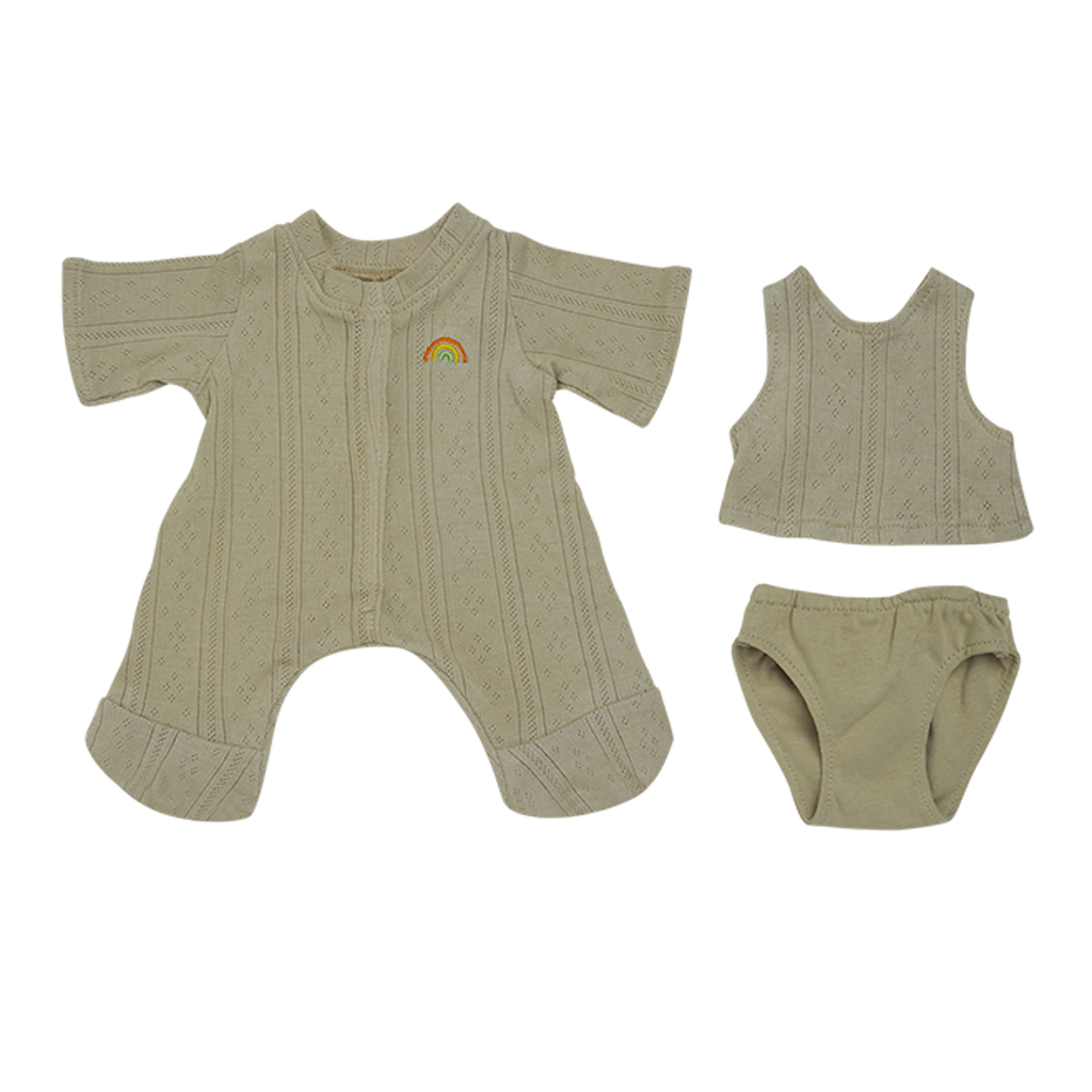 Beige doll outfit set on a white background, featuring a knit onesie with a rainbow patch, a matching vest, and a pair of shorts. Cozy and cute.