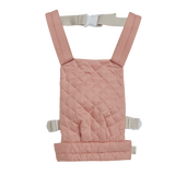 Quilted rose doll carrier with adjustable straps and buckle, displayed against a white background. The carrier has a soft, padded look.