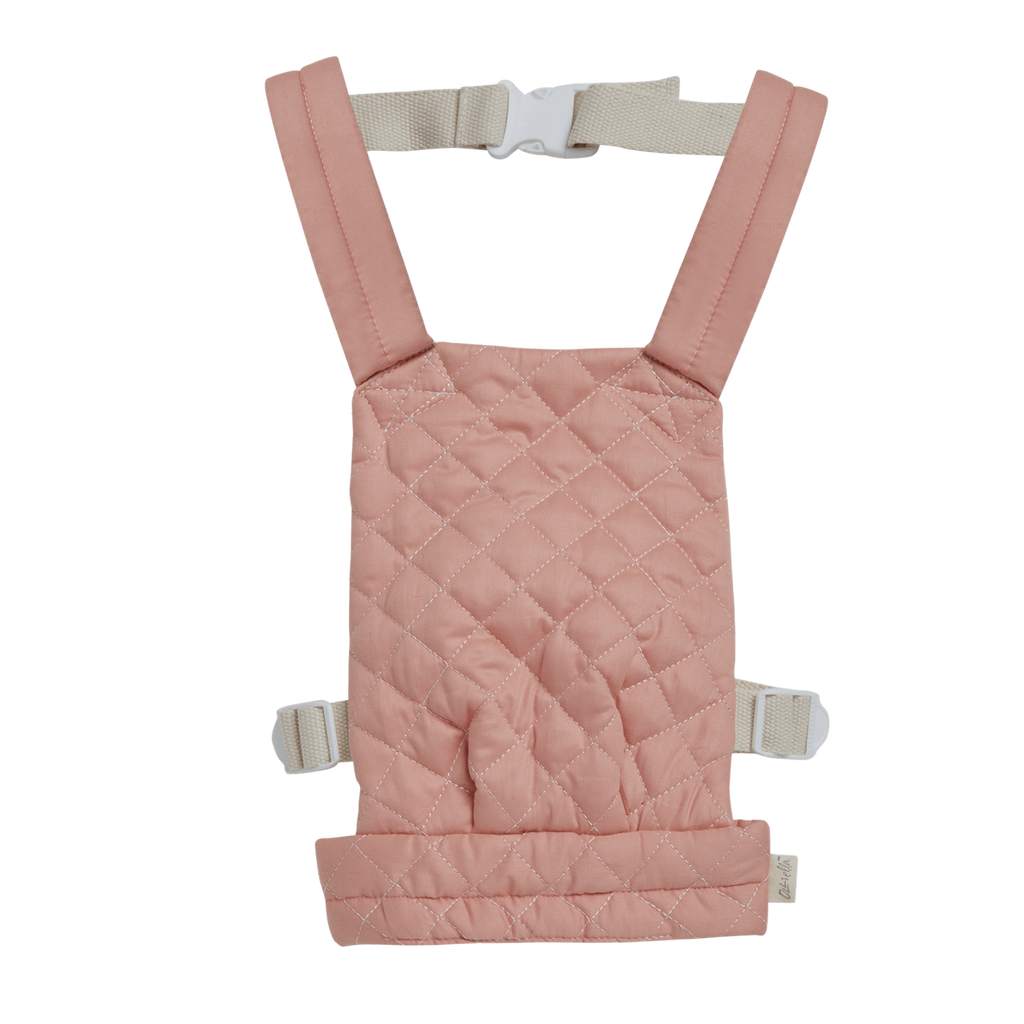 Quilted rose doll carrier with adjustable straps and buckle, displayed against a white background. The carrier has a soft, padded look.