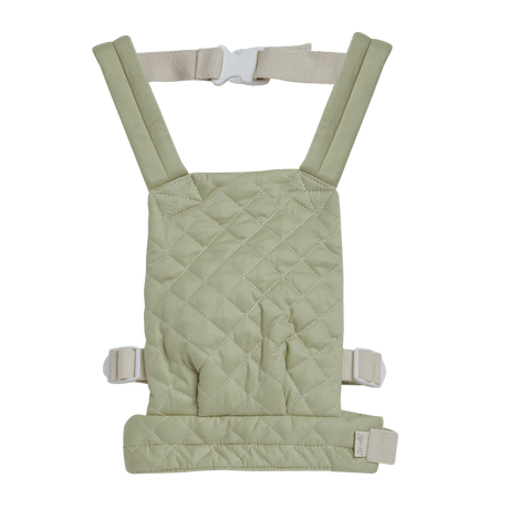 Quilted sage doll carrier with adjustable straps and buckle, displayed against a white background. The carrier has a soft, padded look.