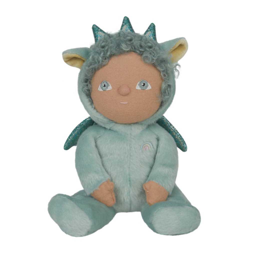 Cute turquoise plush doll with curly hair in a dragon costume featuring sparkling scales and wings, sitting against a white background. Calm and whimsical.