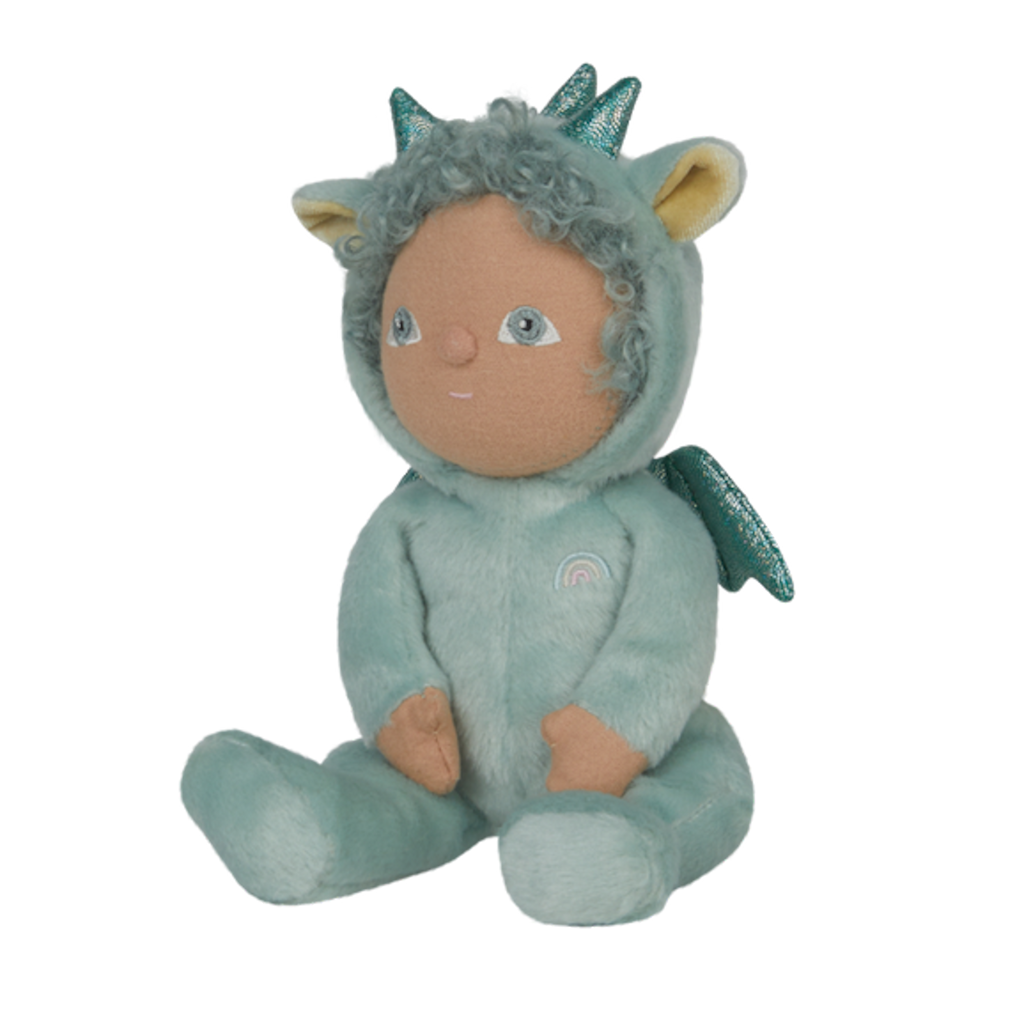 Cute turquoise plush doll with curly hair in a dragon costume featuring sparkling scales and wings, sitting against a white background. Calm and whimsical.