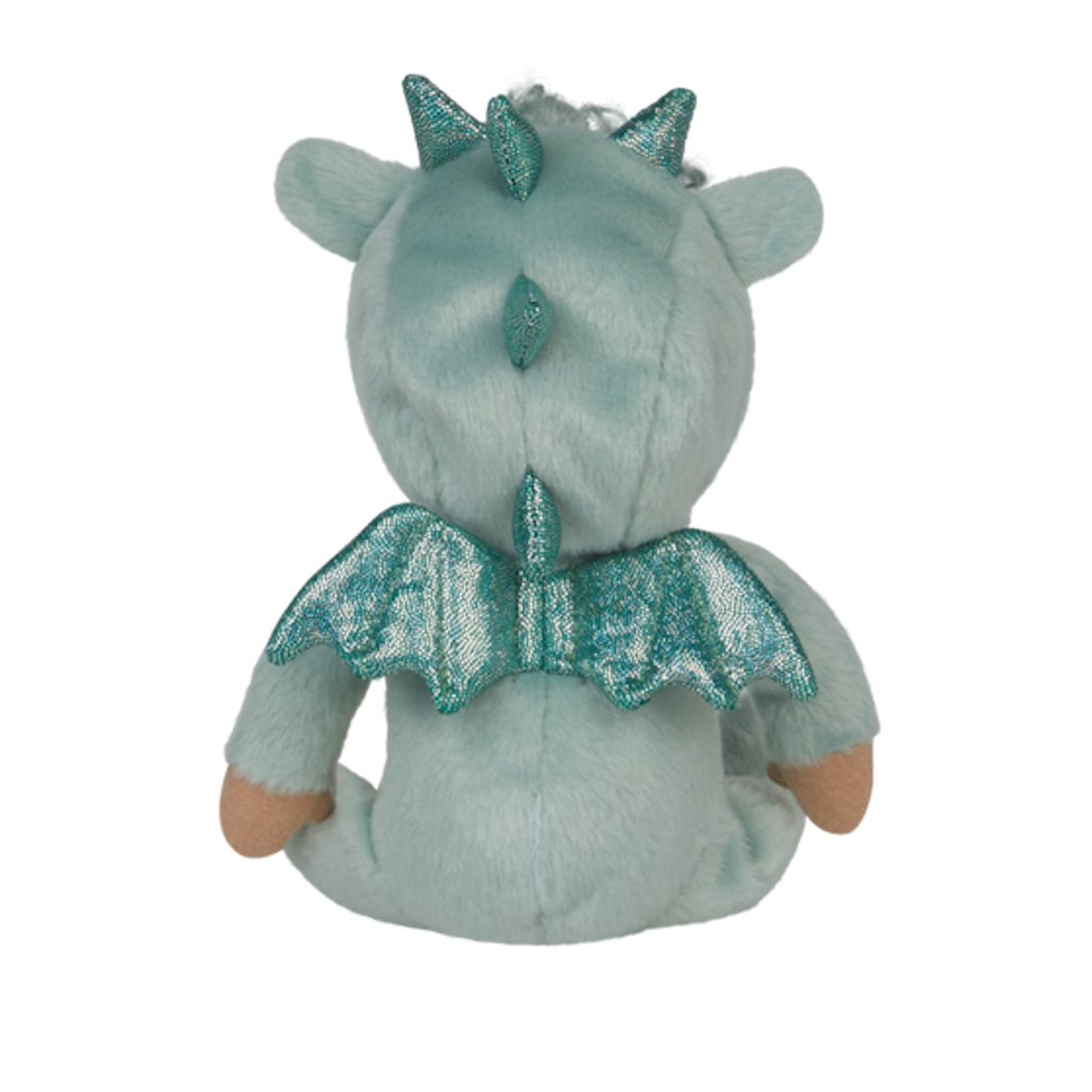 A plush teal dragon toy with glittery wings and small horns sits facing away on a white background. Its soft texture and gentle colors evoke a playful tone.