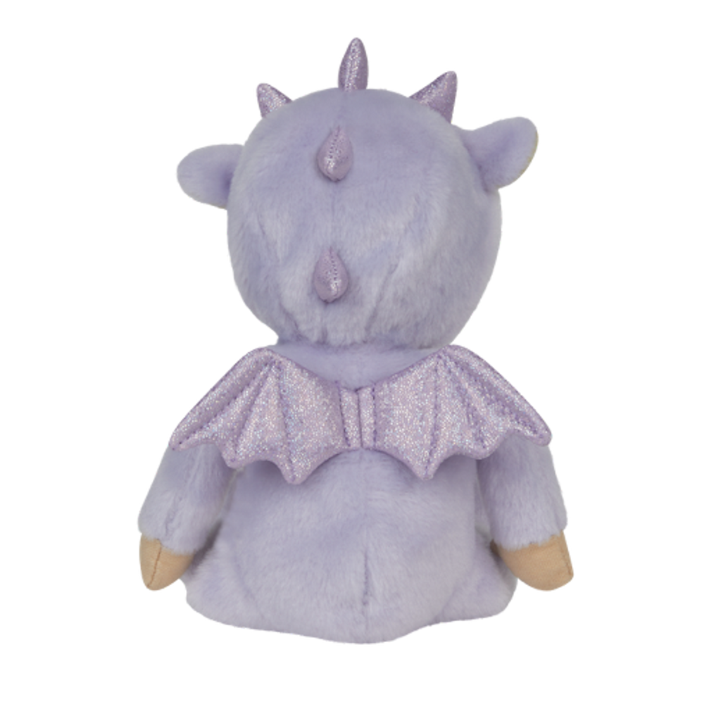 A plush toy dragon with light purple fur, seen from behind. It features shiny purple wings and horns, conveying a cute and magical tone.
