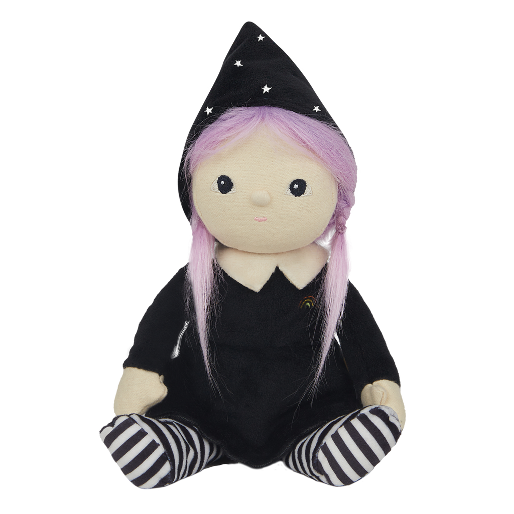 Plush doll with pale pink hair, wearing a black pointed hat with stars, a black dress, and striped leggings. The background is white.