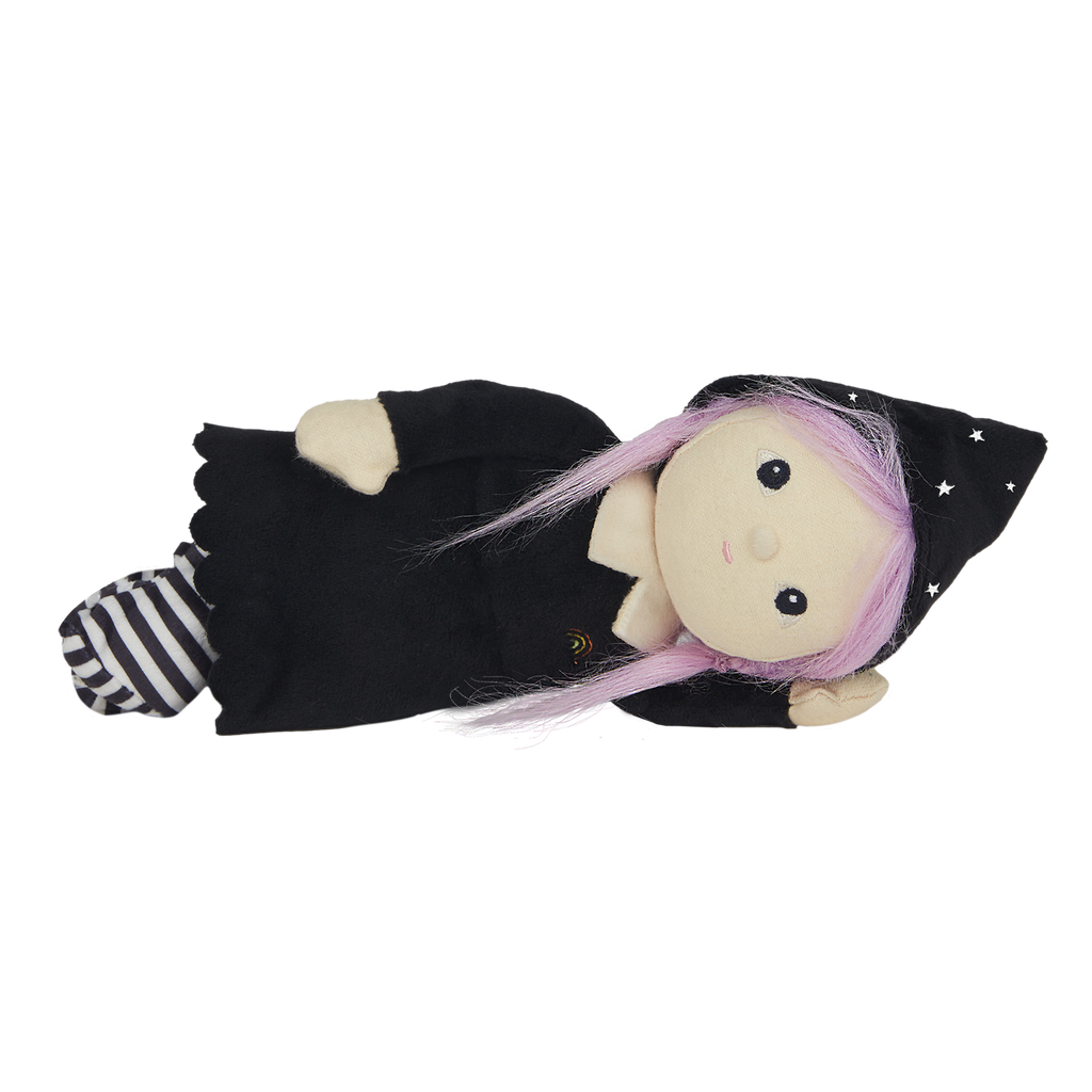 Plush doll with pale pink hair, wearing a black pointed hat with stars, a black dress, and striped leggings. The background is white.