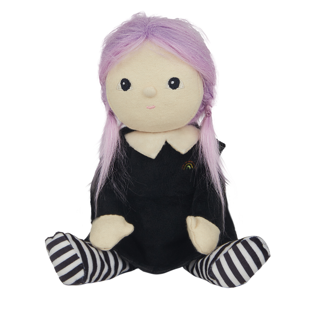 Plush doll with pale pink hair, wearing a black pointed hat with stars, a black dress, and striped leggings. The background is white.