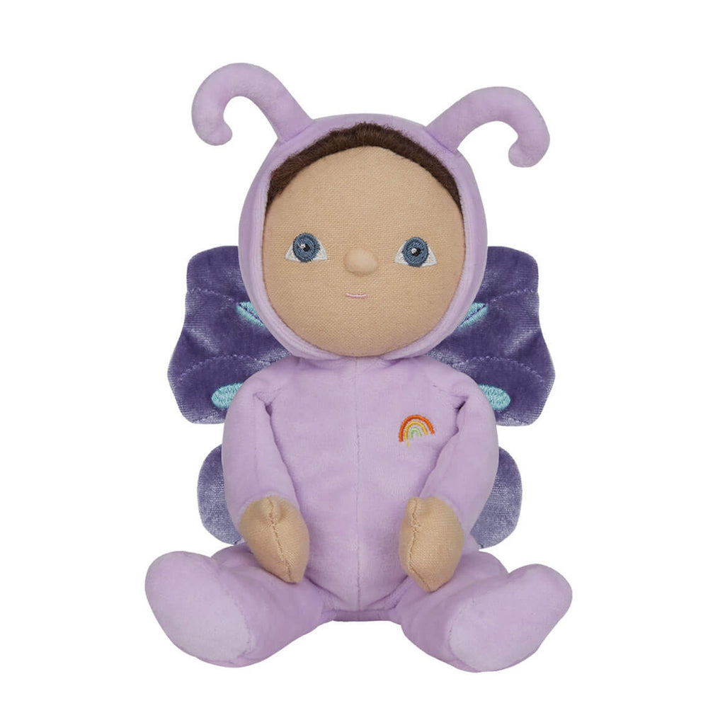 Plush doll in a lavender butterfly suit with violet wings and antennae. The doll has blue eyes, a gentle smile, and a rainbow emblem on its chest.