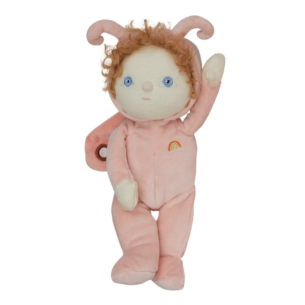 Soft plush doll with curly hair and blue eyes, dressed in a pink butterfly costume with wings and antennae. A small rainbow is embroidered on the outfit.