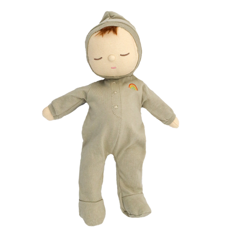 A soft, plush doll in a gray onesie with a small rainbow emblem. The doll has closed eyes and a serene expression, set against a white background.
