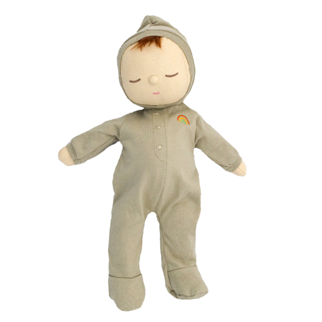 A soft, plush doll in a gray onesie with a small rainbow emblem. The doll has closed eyes and a serene expression, set against a white background.