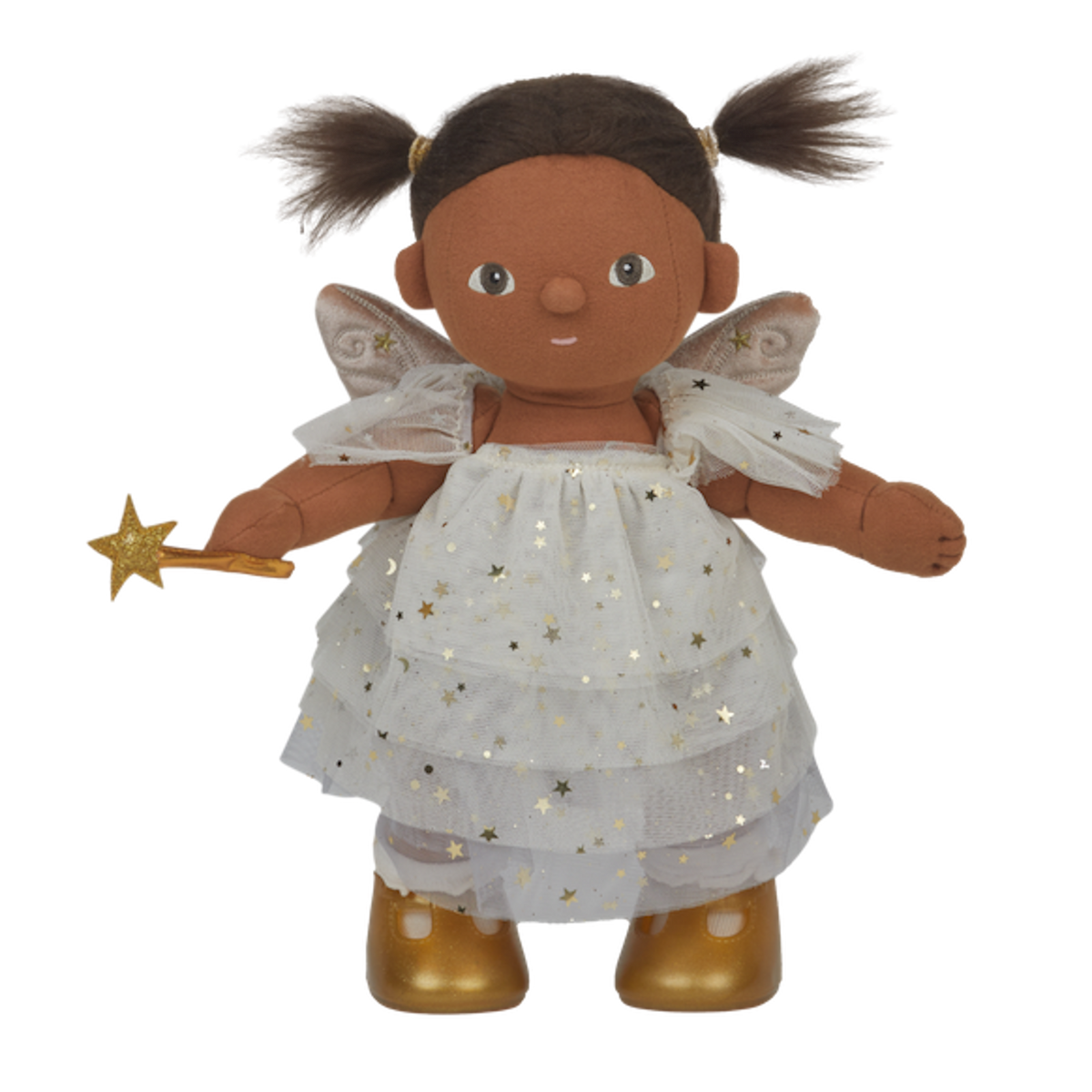 A doll dressed as a fairy, with brown hair in pigtails, a white dress adorned with gold stars, gold boots, and holding a star wand, on a white background.