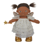 A doll dressed as a fairy, with brown hair in pigtails, a white dress adorned with gold stars, gold boots, and holding a star wand, on a white background.