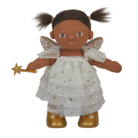A doll dressed as a fairy, with brown hair in pigtails, a white dress adorned with gold stars, gold boots, and holding a star wand, on a white background.