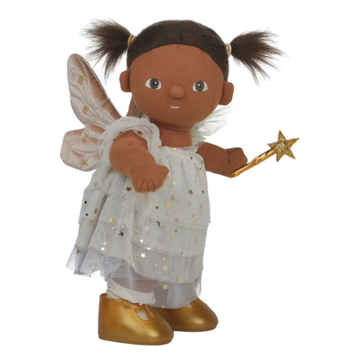 A doll dressed as a fairy, with brown hair in pigtails, a white dress adorned with gold stars, gold boots, and holding a star wand, on a white background.