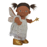 A doll dressed as a fairy, with brown hair in pigtails, a white dress adorned with gold stars, gold boots, and holding a star wand, on a white background.