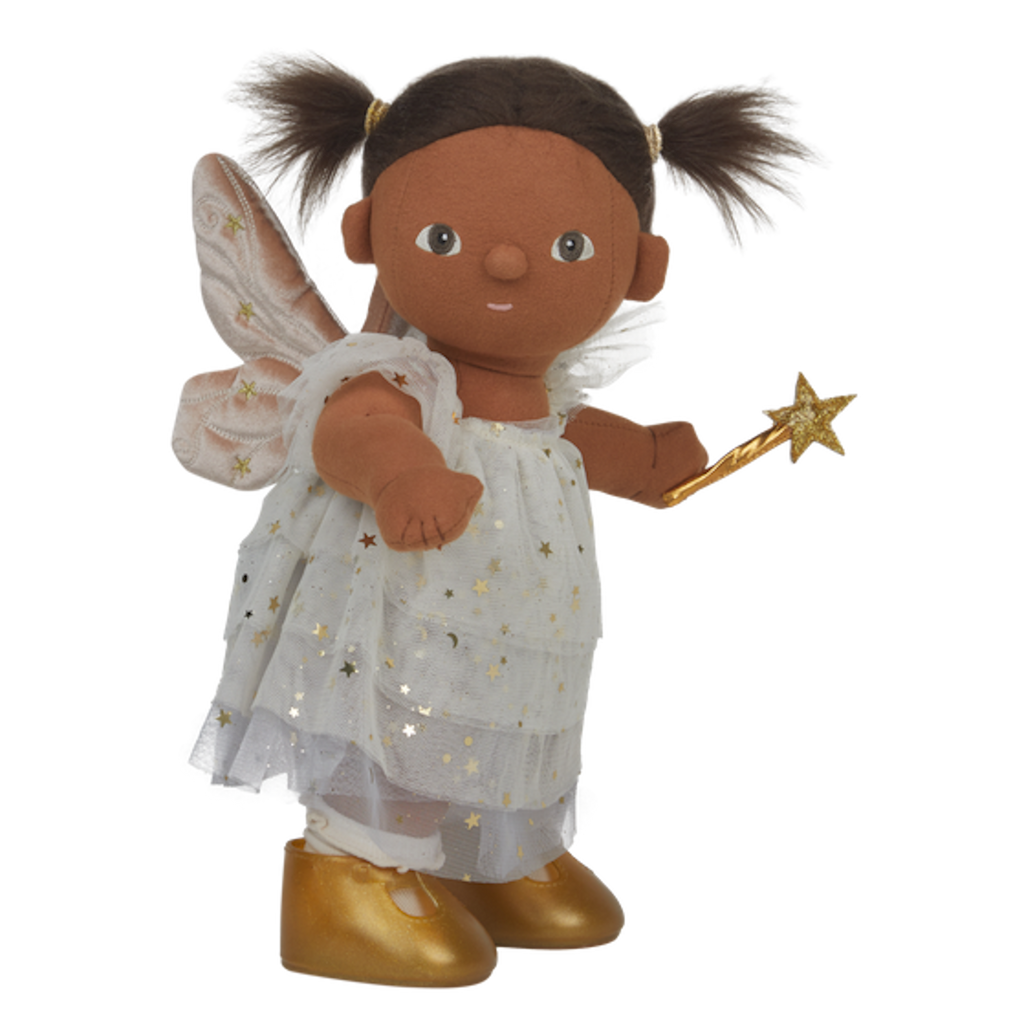 A doll dressed as a fairy, with brown hair in pigtails, a white dress adorned with gold stars, gold boots, and holding a star wand, on a white background.