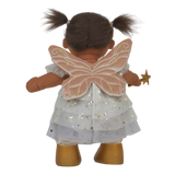 A doll dressed as a fairy, with brown hair in pigtails, a white dress adorned with gold stars, gold boots, and holding a star wand, on a white background.