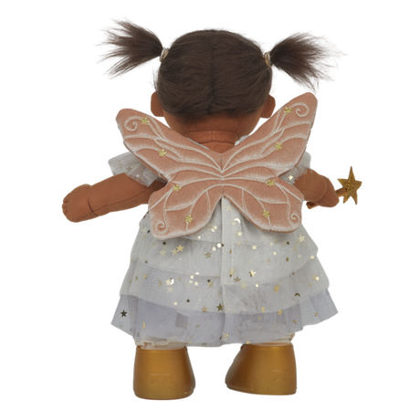A doll dressed as a fairy, with brown hair in pigtails, a white dress adorned with gold stars, gold boots, and holding a star wand, on a white background.