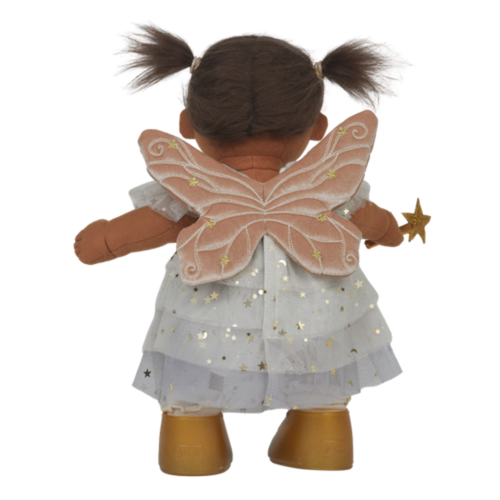 A doll dressed as a fairy, with brown hair in pigtails, a white dress adorned with gold stars, gold boots, and holding a star wand, on a white background.