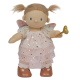 A doll with pigtails wears a pink star-patterned fairy dress, wings, and holds a gold heart wand. The doll has a cheerful expression.